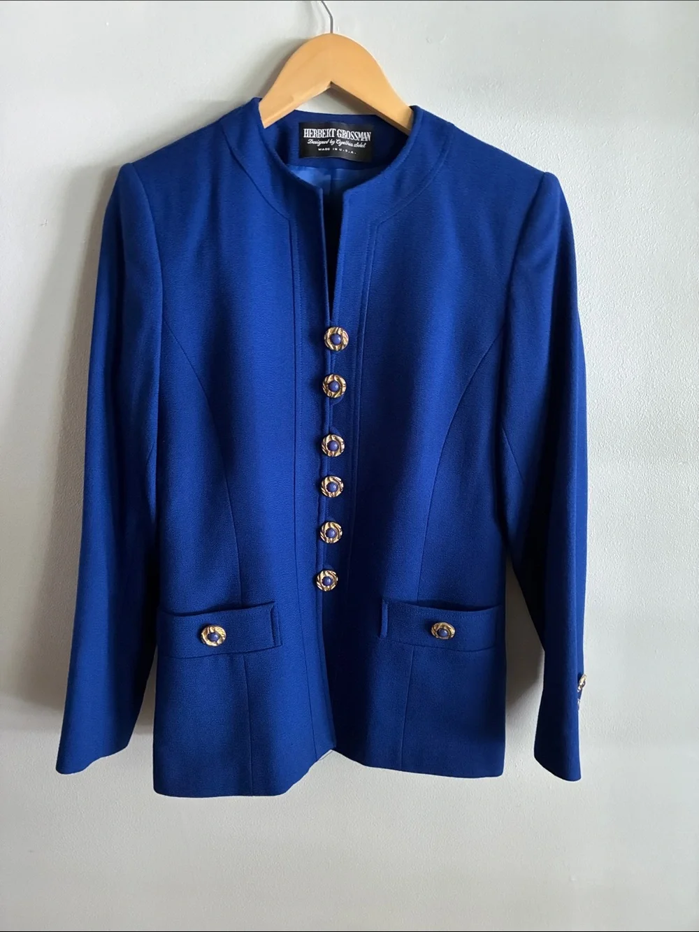 Vintage Herbert Grossman Cynthia Sobel Wool Skirt Suit Blue Size 6 USA